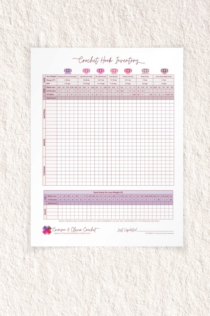 Crochet Hook Inventory Chart