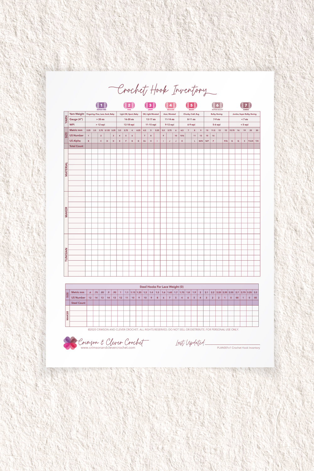 Crochet Hook Inventory Chart