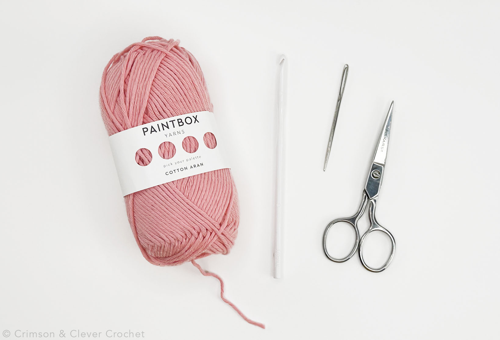 Supplies you'll need: yarn, crochet hook H (5mm), yarn needle and scissors.