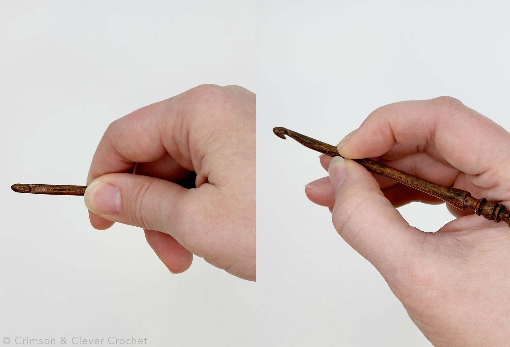 Two examples of how to hold your crochet hook: knife or pencil.